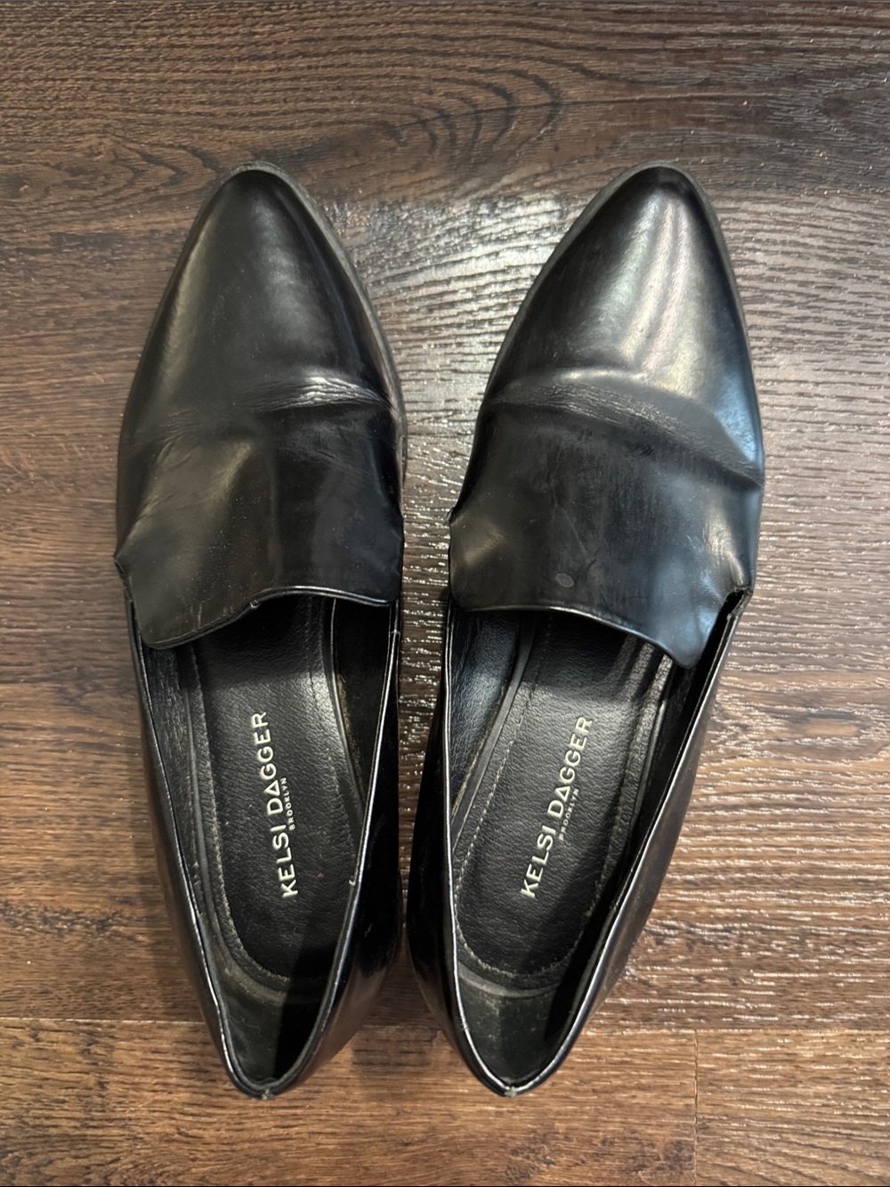 Kelsi Dagger Black Pointed-Toe Leather Slip-Ons
